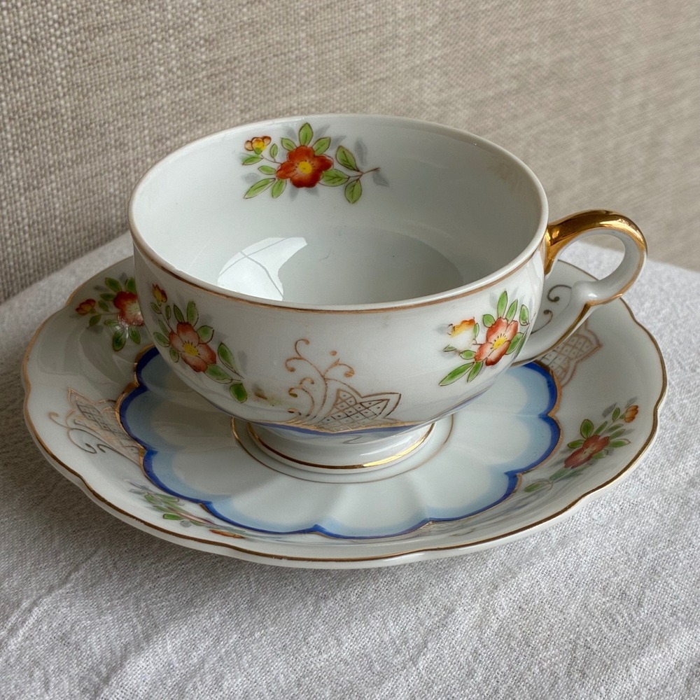 Vintage UCAGCO China Teacup Saucer Blue Floral Gold Made in Occupied Japan